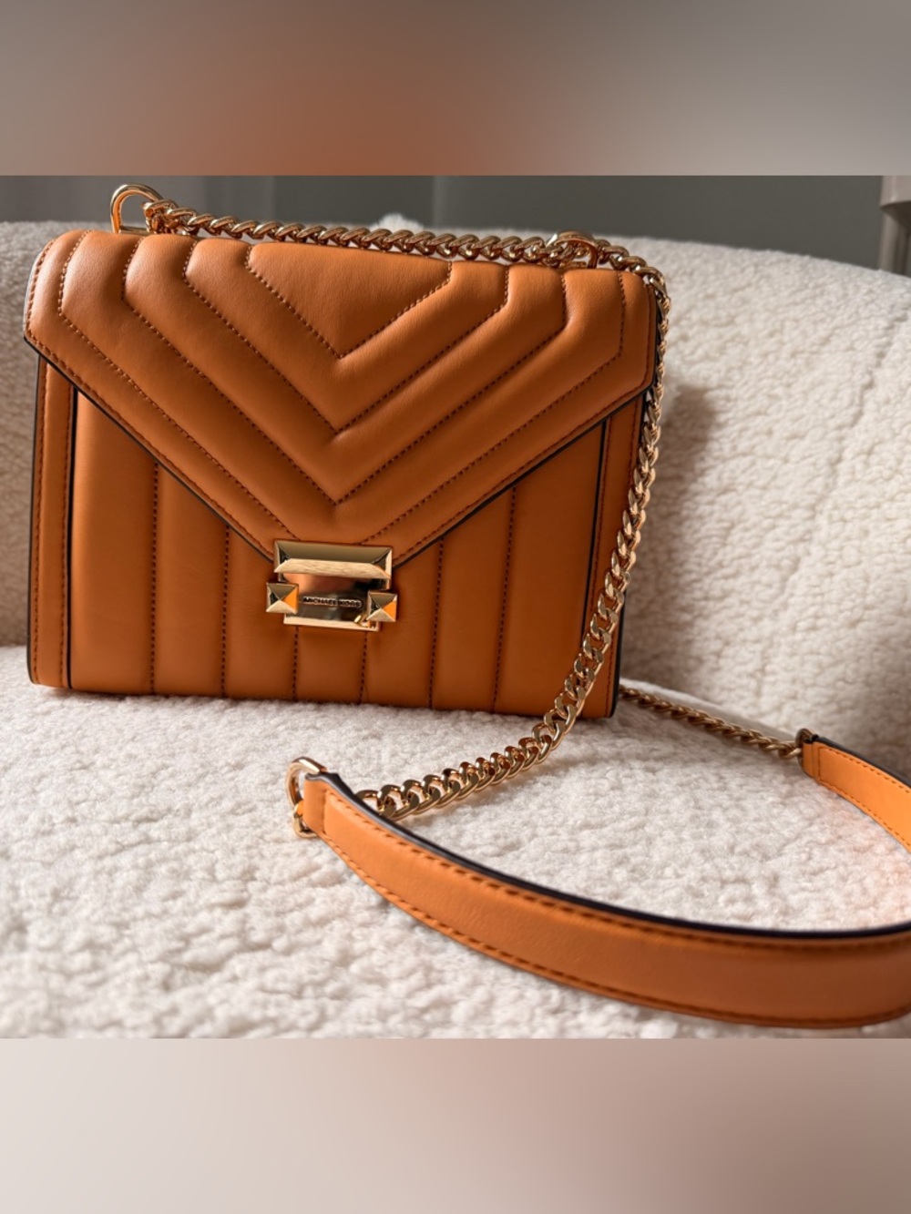 Michael Kors Quilted Crossbody Bag in Orange Camel with Gold Hardware
